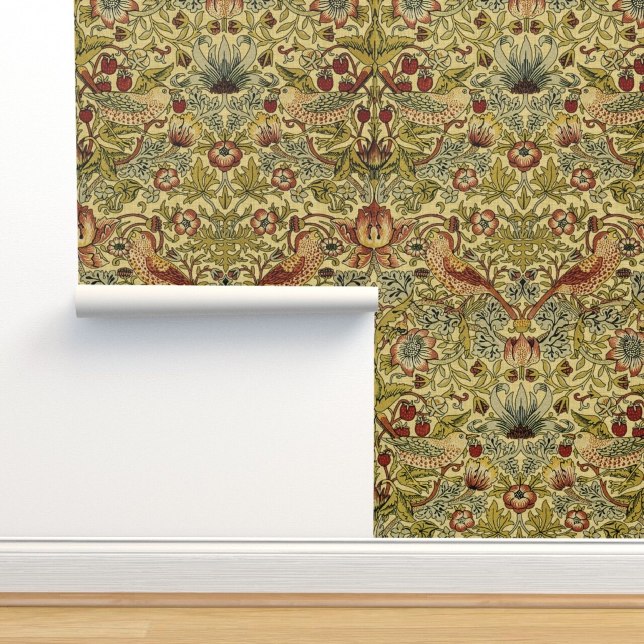 Victorian Vines Birds Botanical Damask Strawberry William Morris Custom Removable Wallpaper by Spoonflower Peel & Stick Wallpaper 2FT Wide